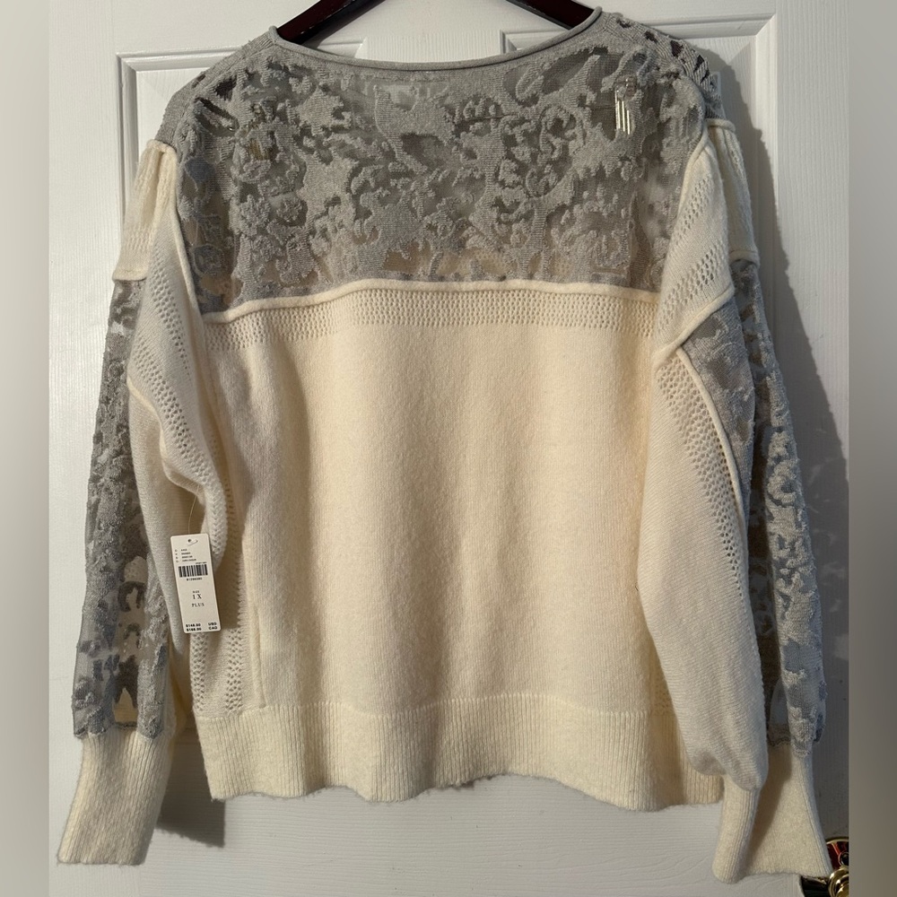 ANTHROPOLOGIE Plus 1X Ivory Pewter Balloon Sleeve Wool Blend Boho Lace Sweater - Picture 7 of 16
